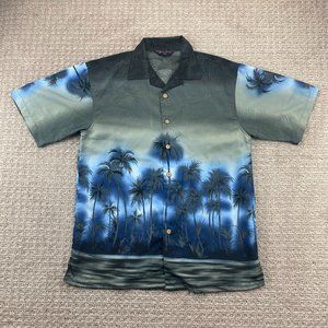 MAUI MAUI Hawaiian Shirt Men Medium M Gray Blue Button Up Palm Trees Polyester